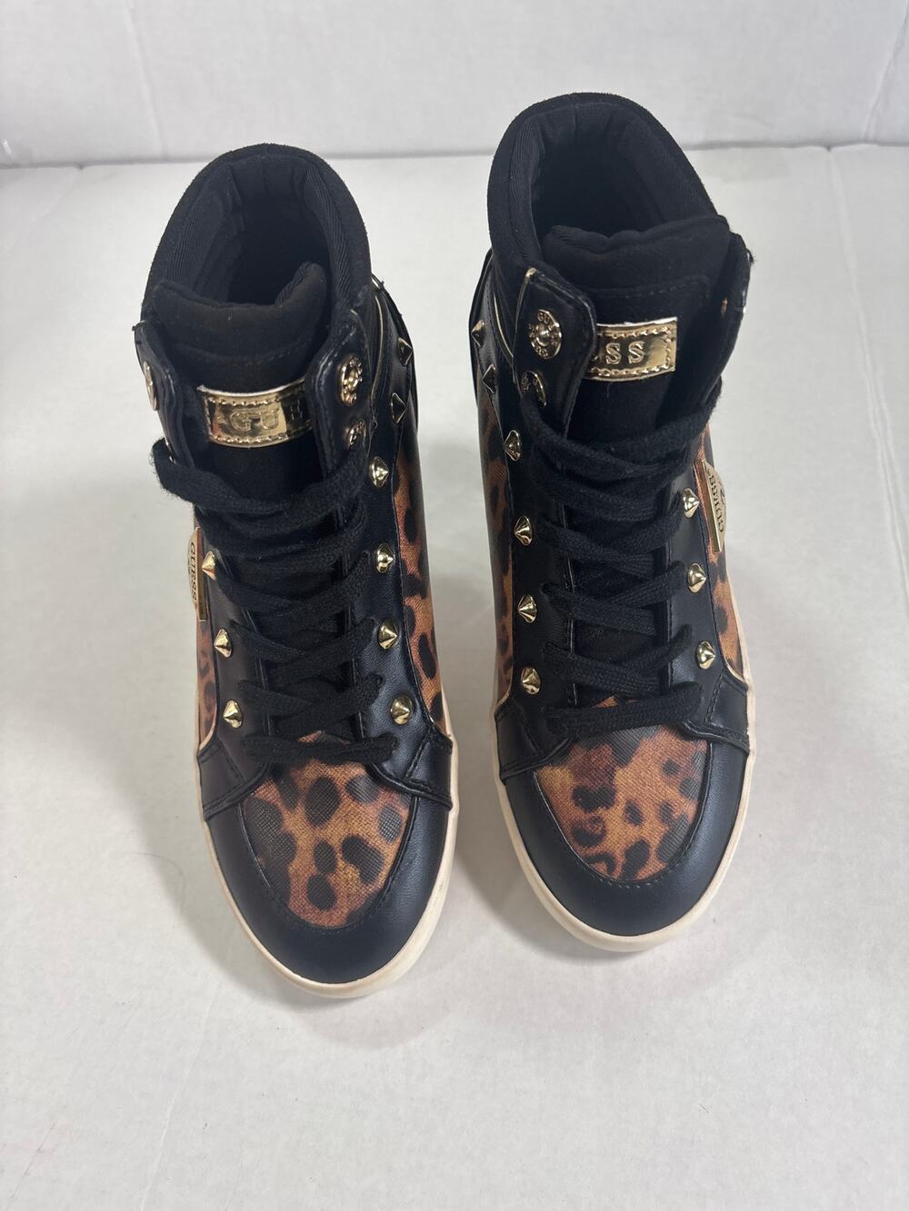 Trendy Guess Porcia Leopard Print High Top Sneakers 5M Gold Accents
